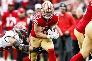 SANTA CLARA, CALIFORNIA - DECEMBER 11: Christian McCaffrey #23 of the San Francisco 49ers runs during an NFL football game between the San Francisco 49ers and the Tampa Bay Buccaneers at Levi's Stadium on December 11, 2022 in Santa Clara, California. (Photo by Michael Owens/Getty Images)