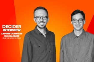 Andrew Chambliss and Ian Goldberg in black and white on a bright orange background