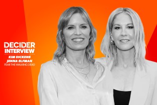 Kim-Dickens and Jenna-Elfman in black and white on a bright orange background